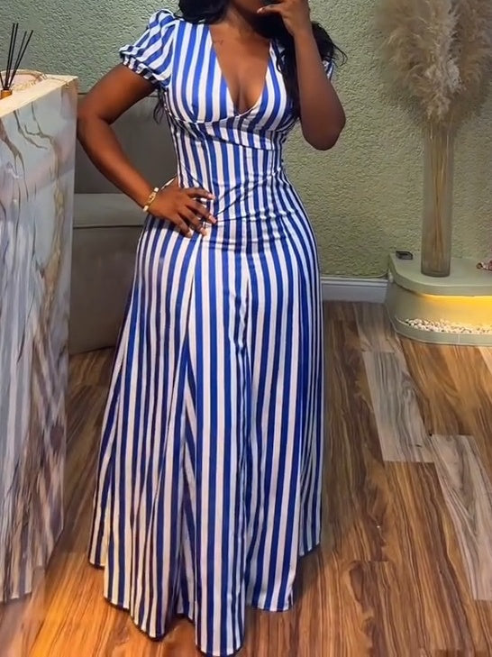 Blue Elegant Striped V Neck Puff Sleeve Maxi Dress
