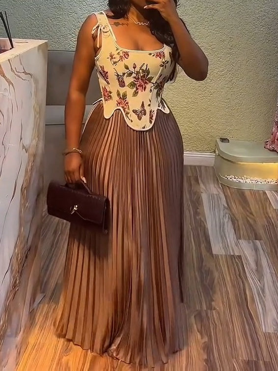 Printed Tank Top & Pleated Skirt Set