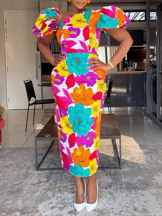 Colorful Flower Bubble Sleeve Midi Dress