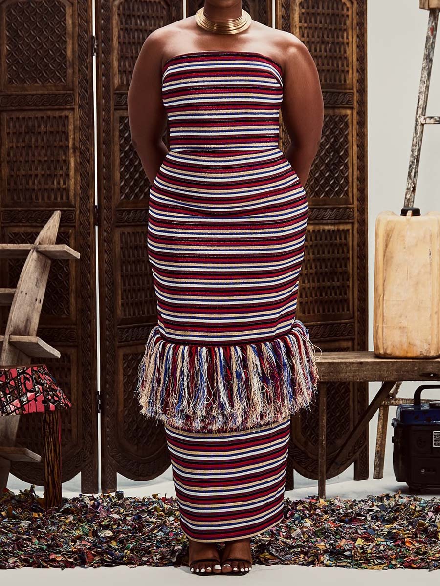 Striped Print Strappless Tassels Dress