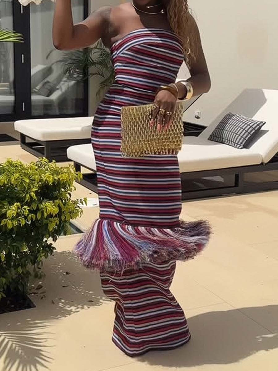 Striped Print Strappless Tassels Dress