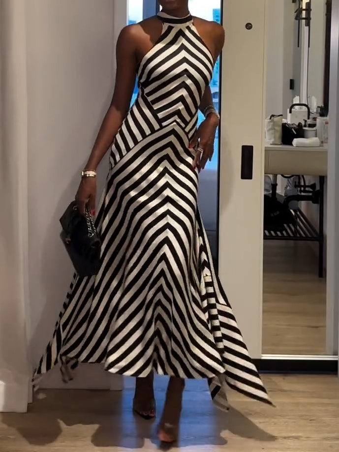 Tall Mono Fluid Stripe Cotton Mix Woven Maxi Halter Dress