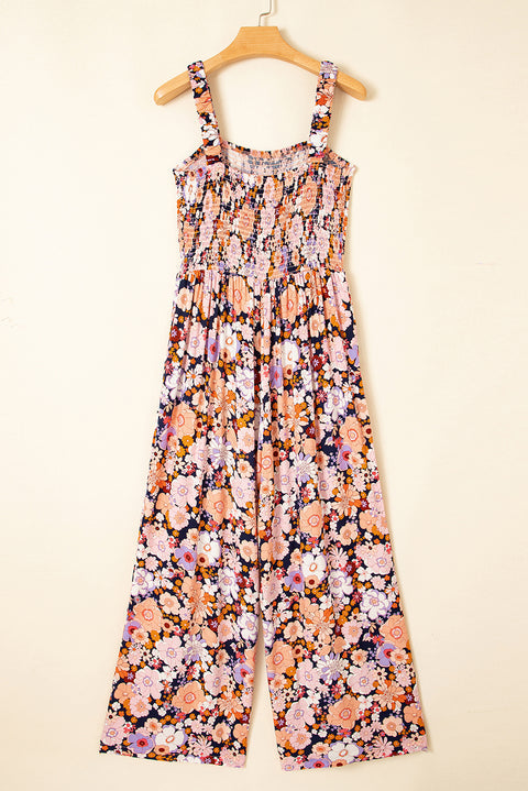 Floral Print Smocked High Waist Square Neck Jumpsuit