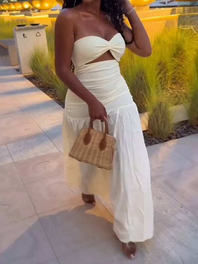 White Fitted Bust With Waist Cutout Maxi Dress