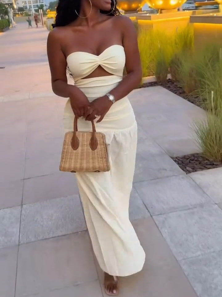 White Fitted Bust With Waist Cutout Maxi Dress
