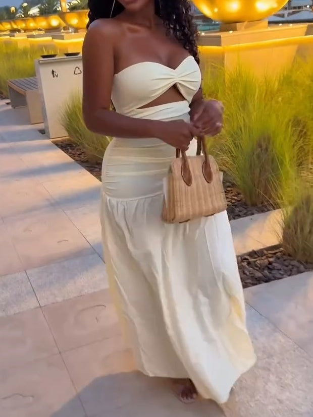 White Fitted Bust With Waist Cutout Maxi Dress