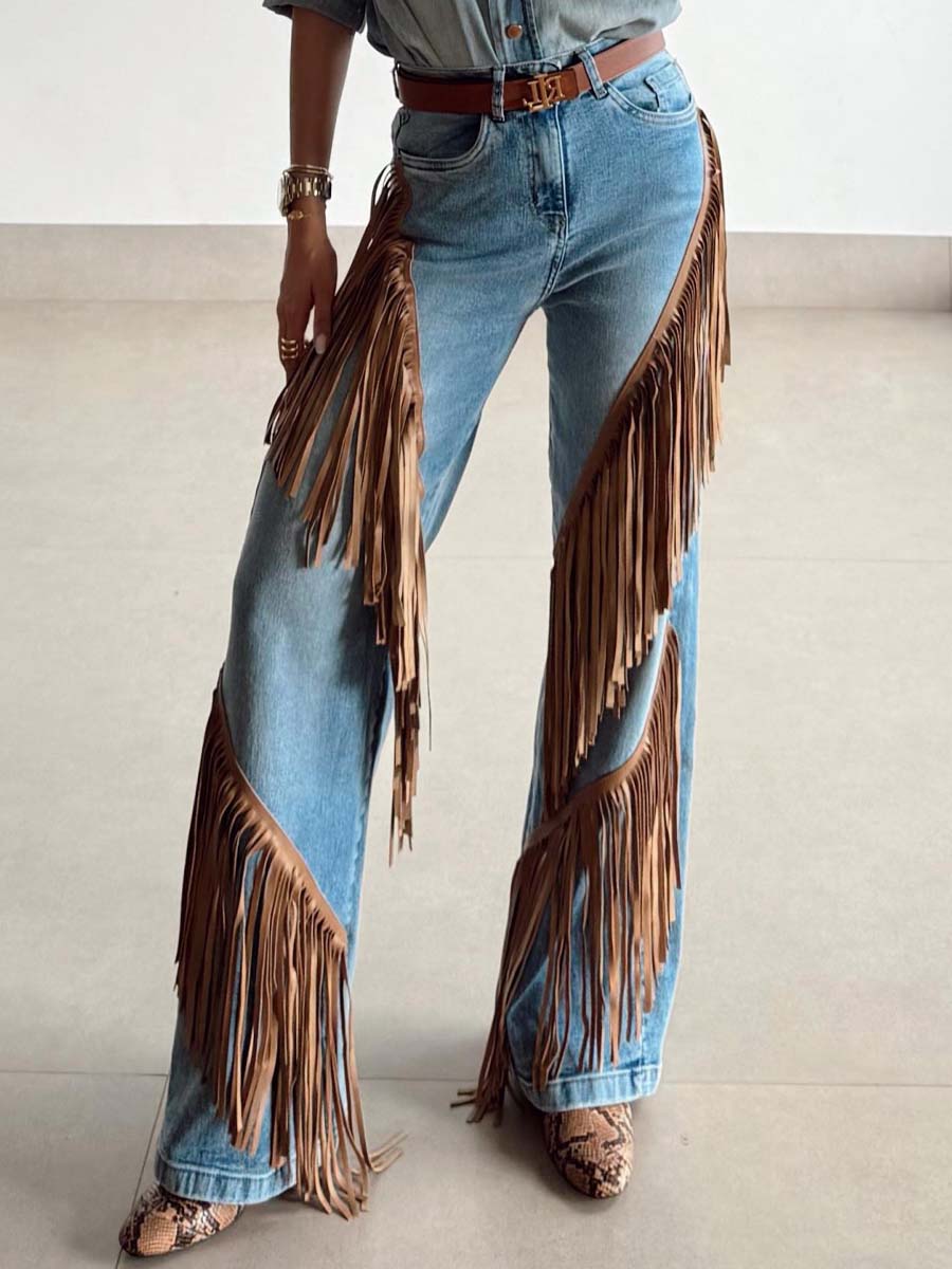 Denim Wide Leg Fringe Jeans