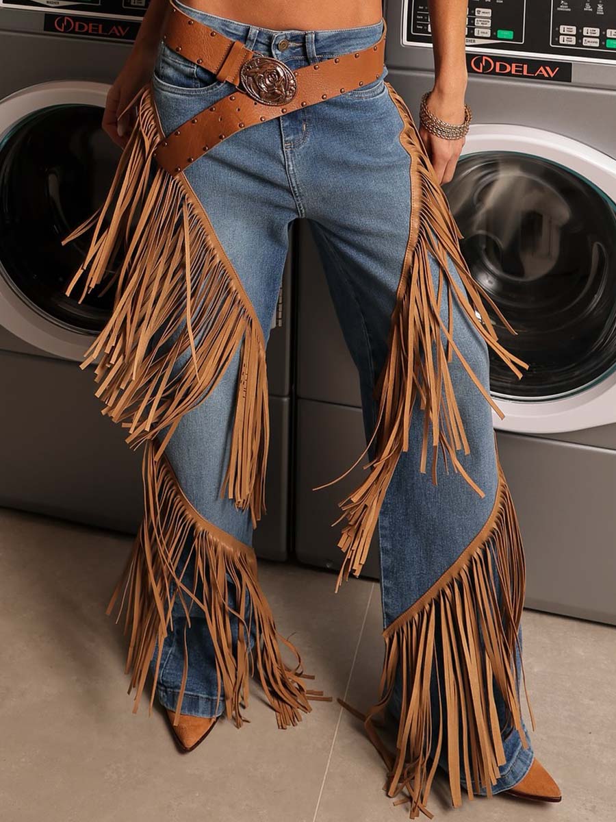 Denim Wide Leg Fringe Jeans