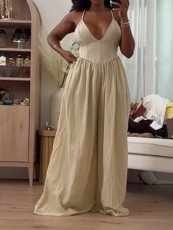 Strap Plunge Front Dropped Waist Ruched Wide Leg Jumpsuit