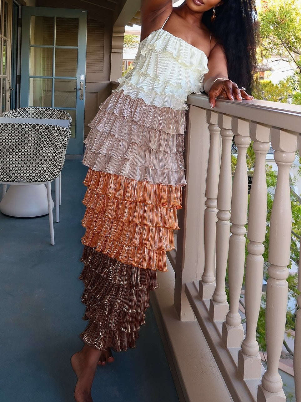 Squareneck Tulle Ruffle Midi Dress