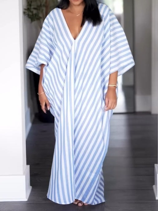 Striped Print Batwing Sleeve Casual Dress