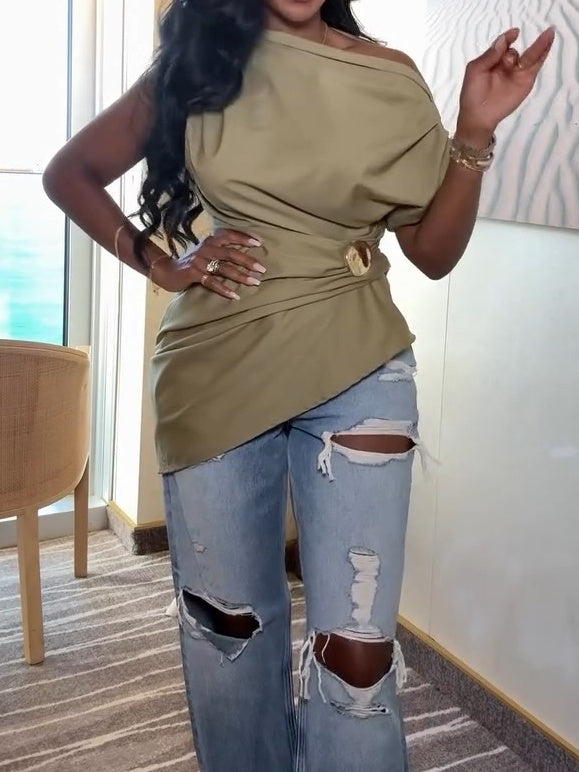 Fashion Shoulder Pleated Solid Color Top