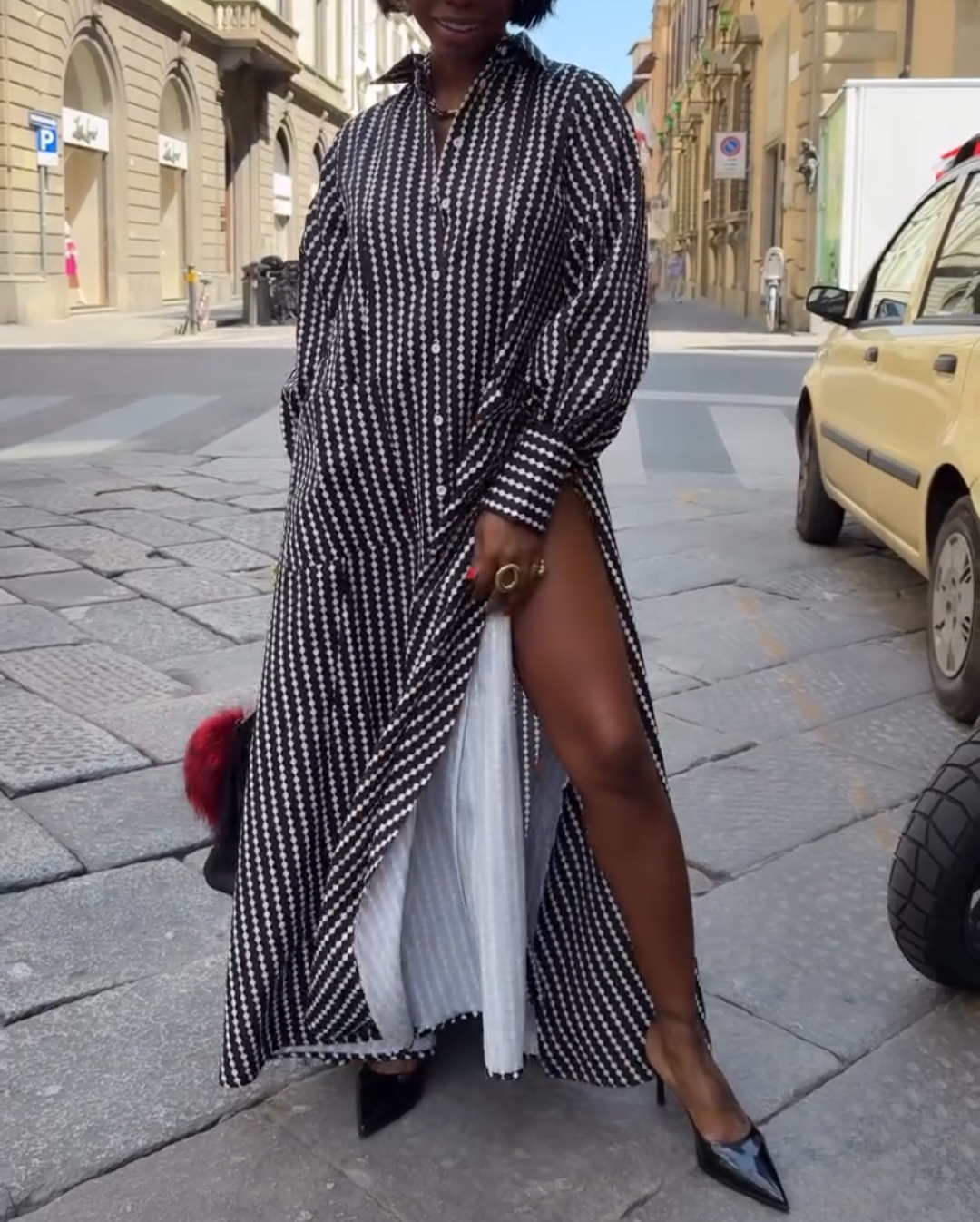 Maxi Flared Shirt Dress In Black&White Diamond Stripes
