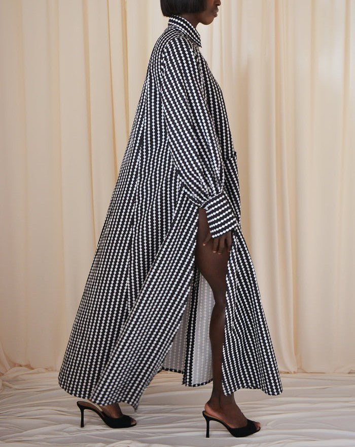 Maxi Flared Shirt Dress In Black&White Diamond Stripes