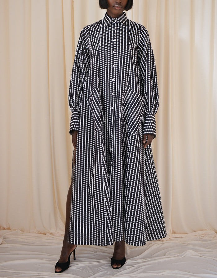 Maxi Flared Shirt Dress In Black&White Diamond Stripes