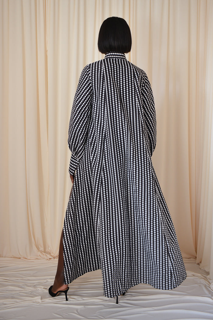Maxi Flared Shirt Dress In Black&White Diamond Stripes