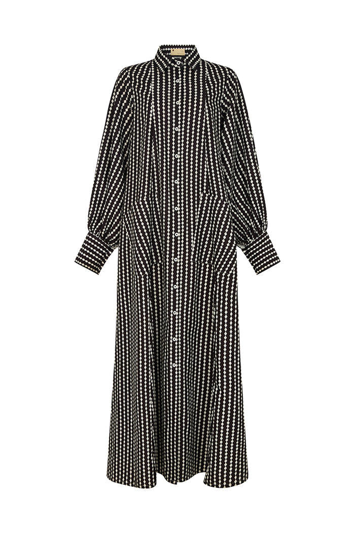 Maxi Flared Shirt Dress In Black&White Diamond Stripes