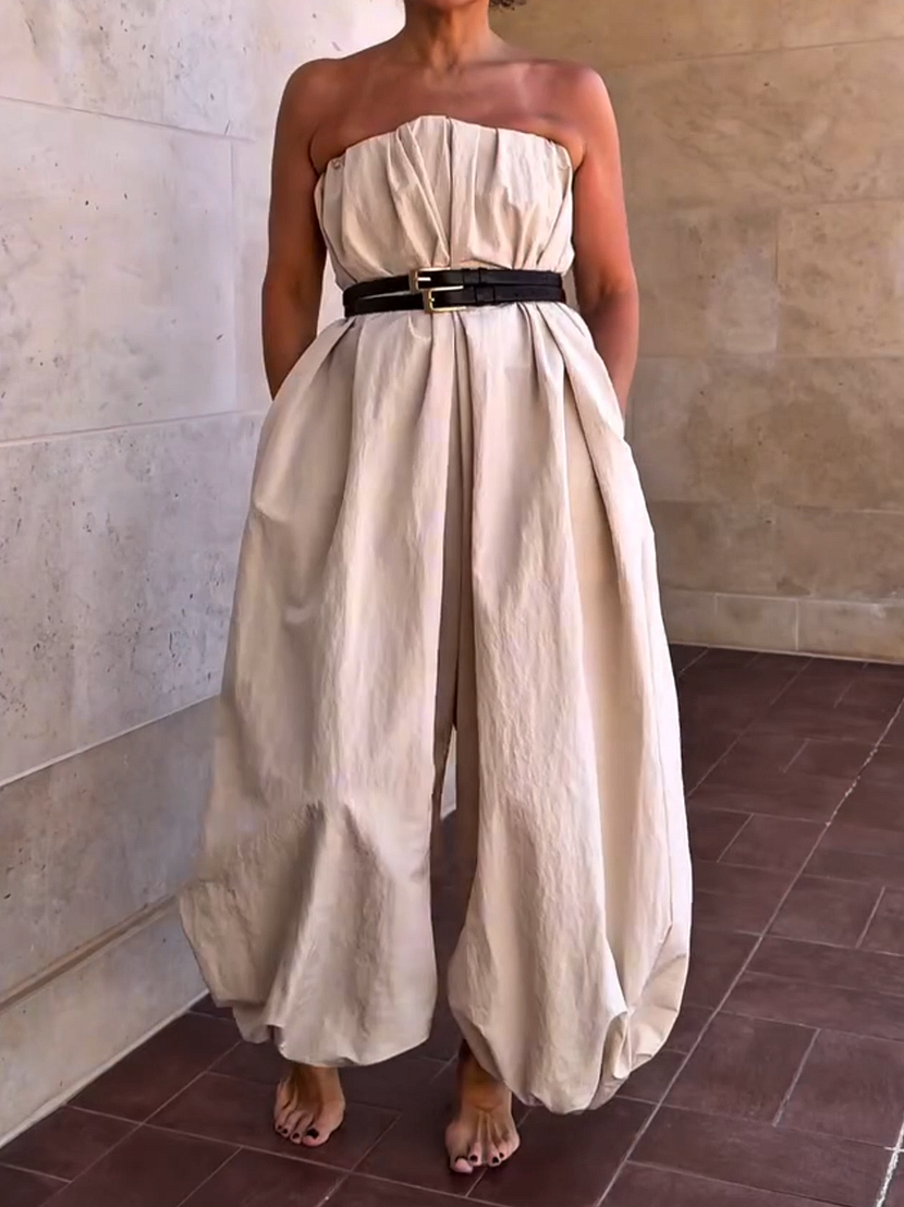 Loose Pleated Solid Color Jumpsuit