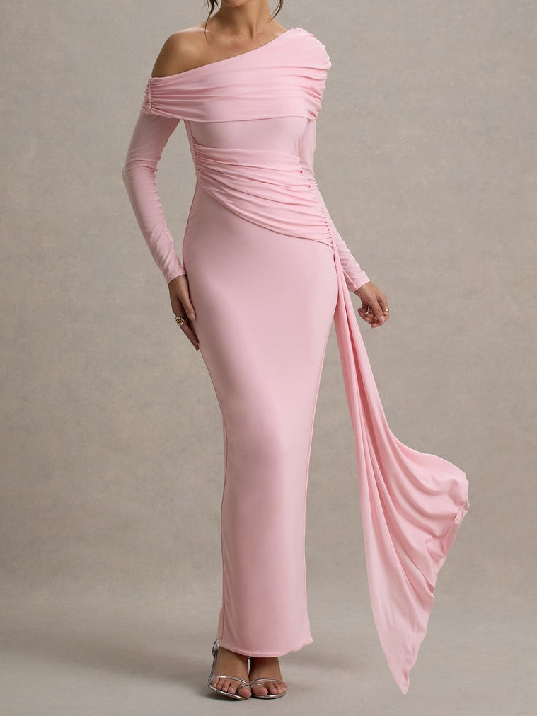 Pink Ruched Asymmetric Maxi Dress