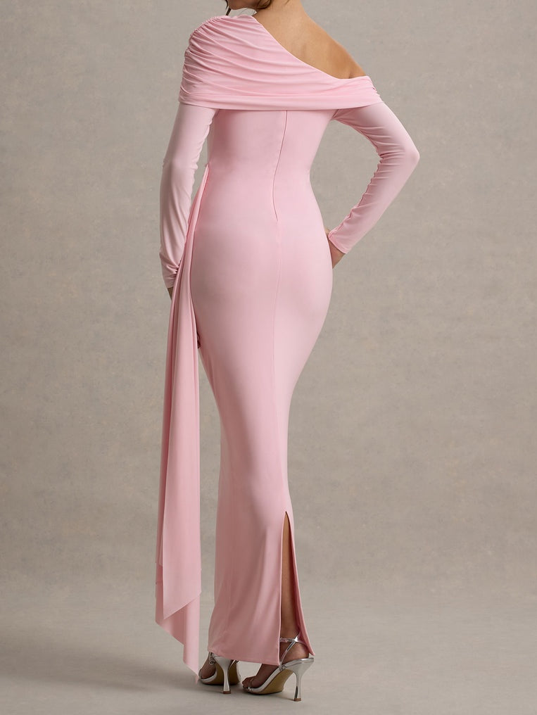 Pink Ruched Asymmetric Maxi Dress