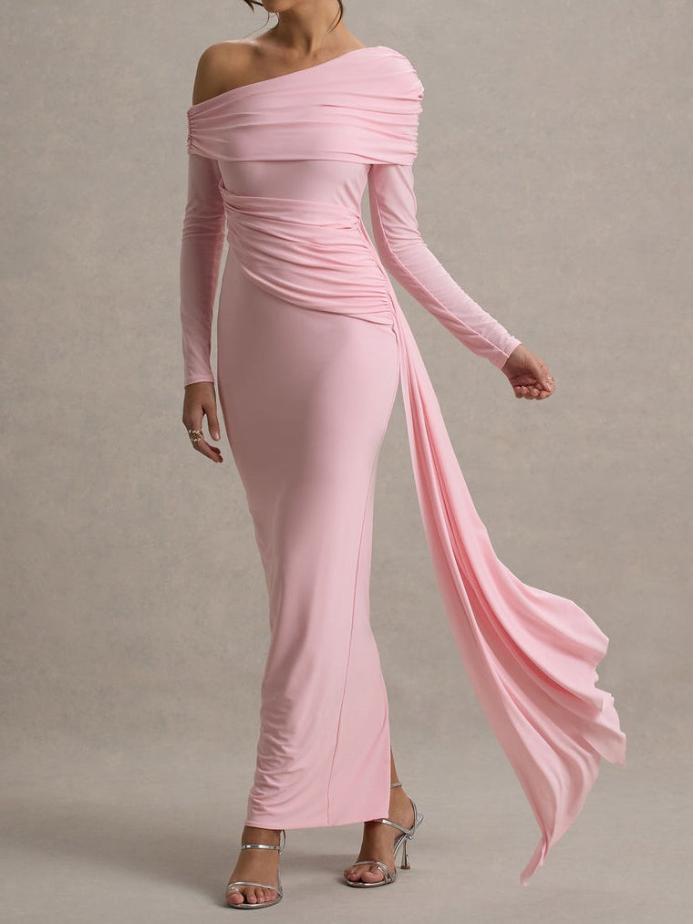 Pink Ruched Asymmetric Maxi Dress