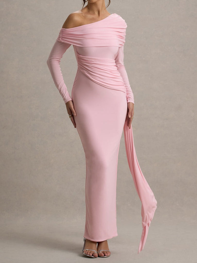 Pink Ruched Asymmetric Maxi Dress