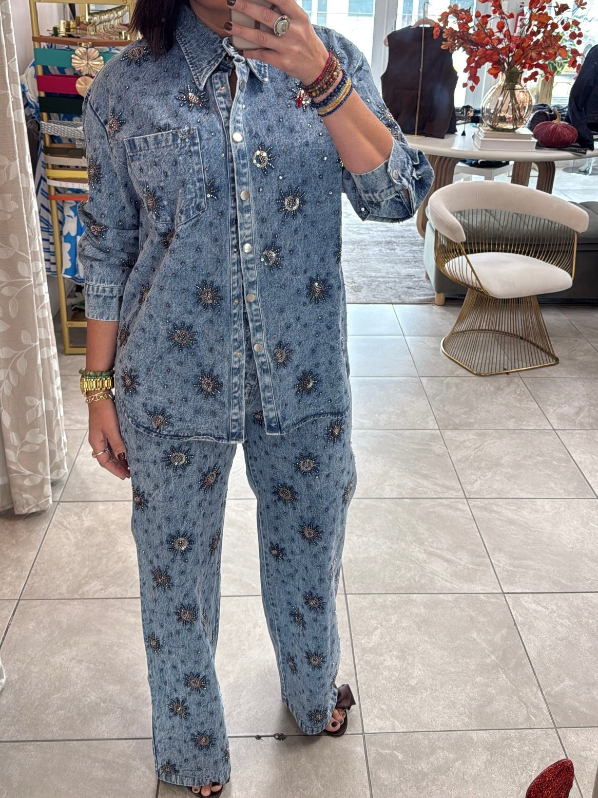 Rhinestone Sparkle Flower Print Denim Two Pieces Set