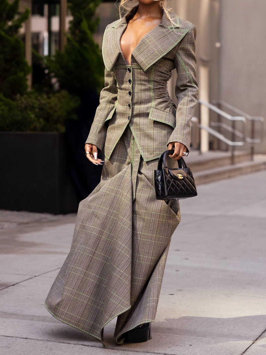 Cowl Collar Fitted Jacket And Tucked Wool Trumpet Skirt