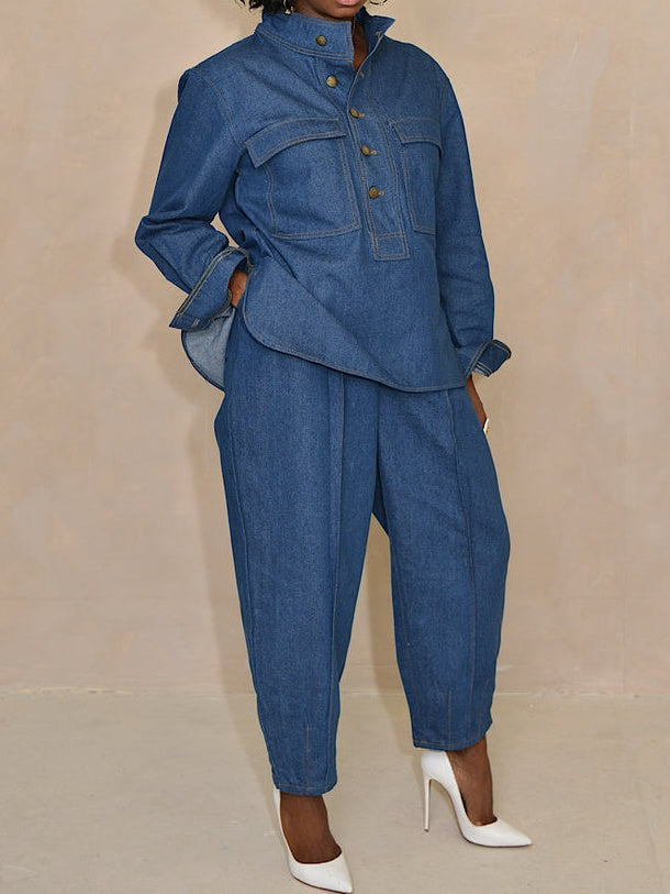 Denim Stand Collar Pockets Two Pieces Set
