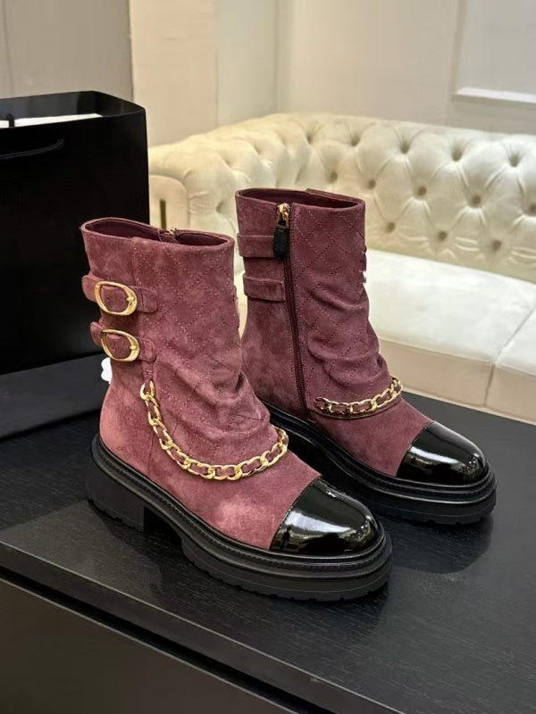 Suede And Patent Leather Chain-link Ankle Boots