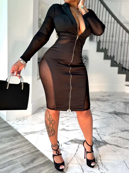 Deep V Neck Mesh Patchwork Stretch Dress