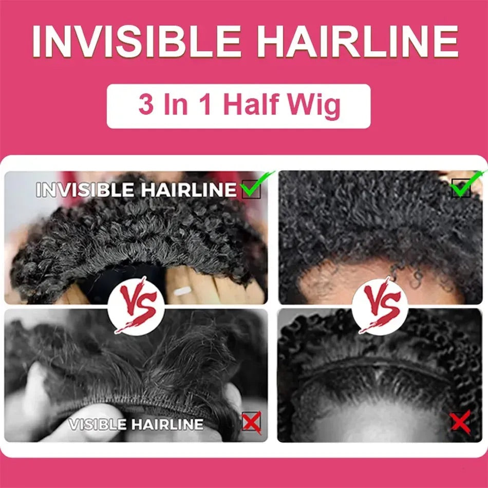 【3 IN 1 HALF WIG】Burmese Curly GLUELESS Invisible Half Wig For Blackwomen Clip In Protective Styles Human Hair