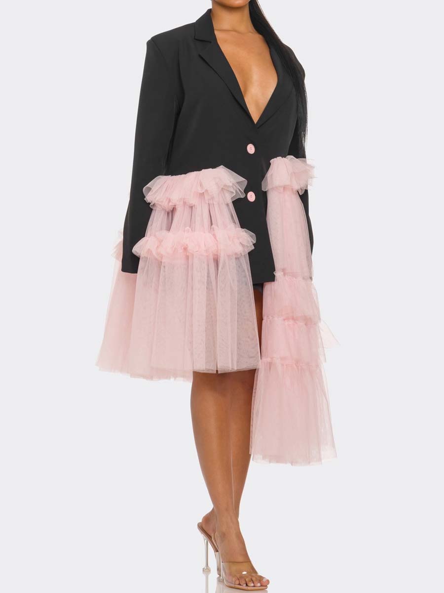 Ruffled Patchwork Tulle Blazer Dress
