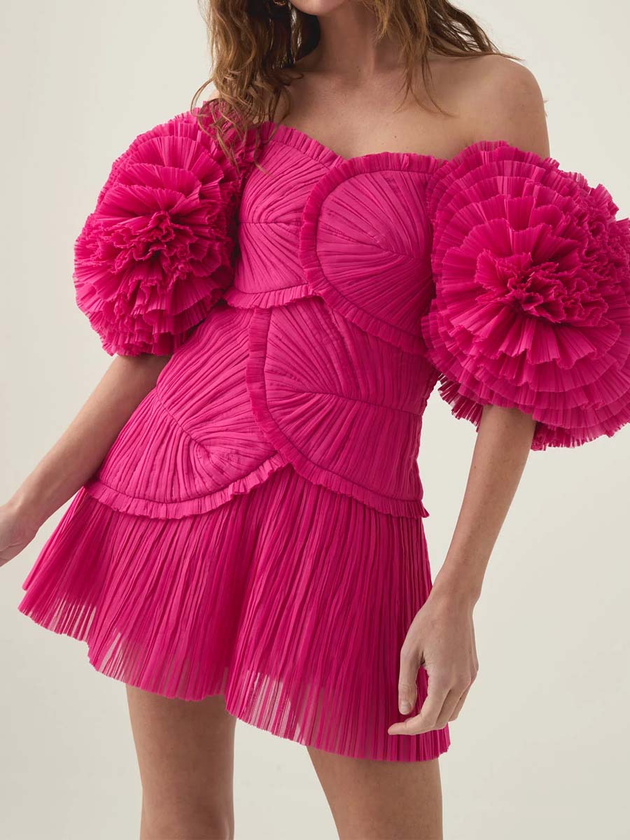 Off Shoulder Puff Sleeve Pleated Dress
