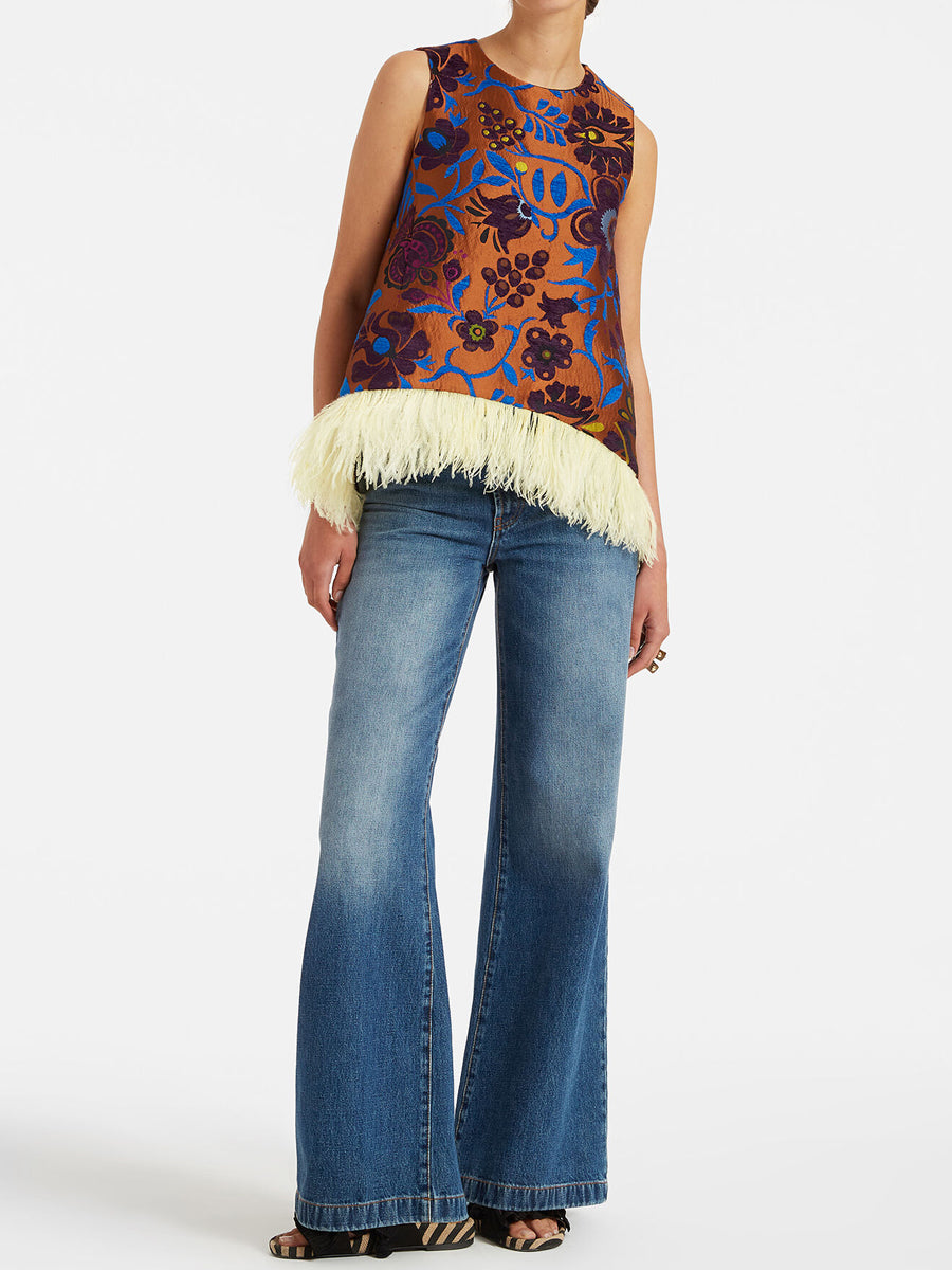 Printed Sleeveless Feather Trim Top