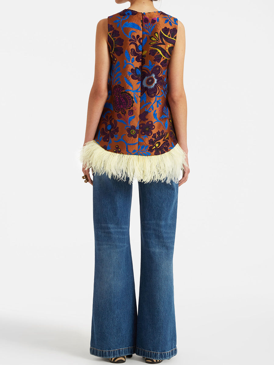 Printed Sleeveless Feather Trim Top