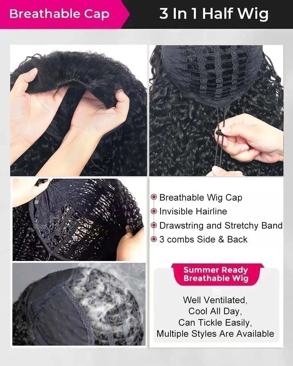 【3 IN 1 HALF WIG】Burmese Curly GLUELESS Invisible Half Wig For Blackwomen Clip In Protective Styles Human Hair
