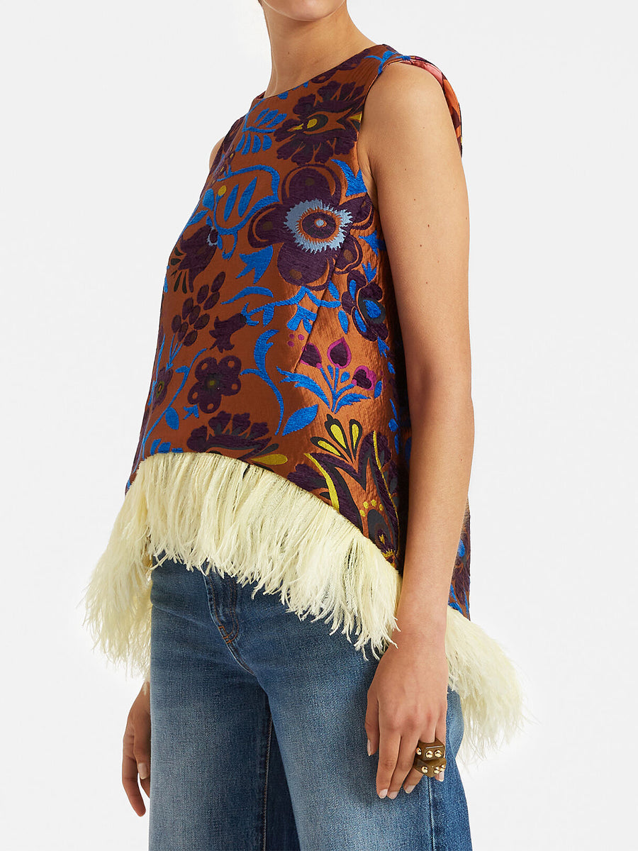 Printed Sleeveless Feather Trim Top
