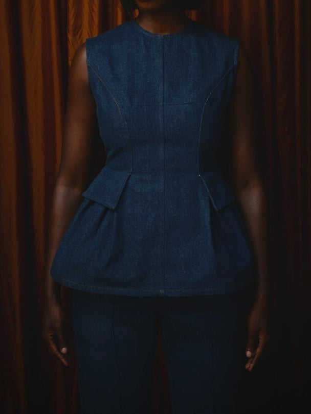 Backless Denim Peplum Two Pieces Set
