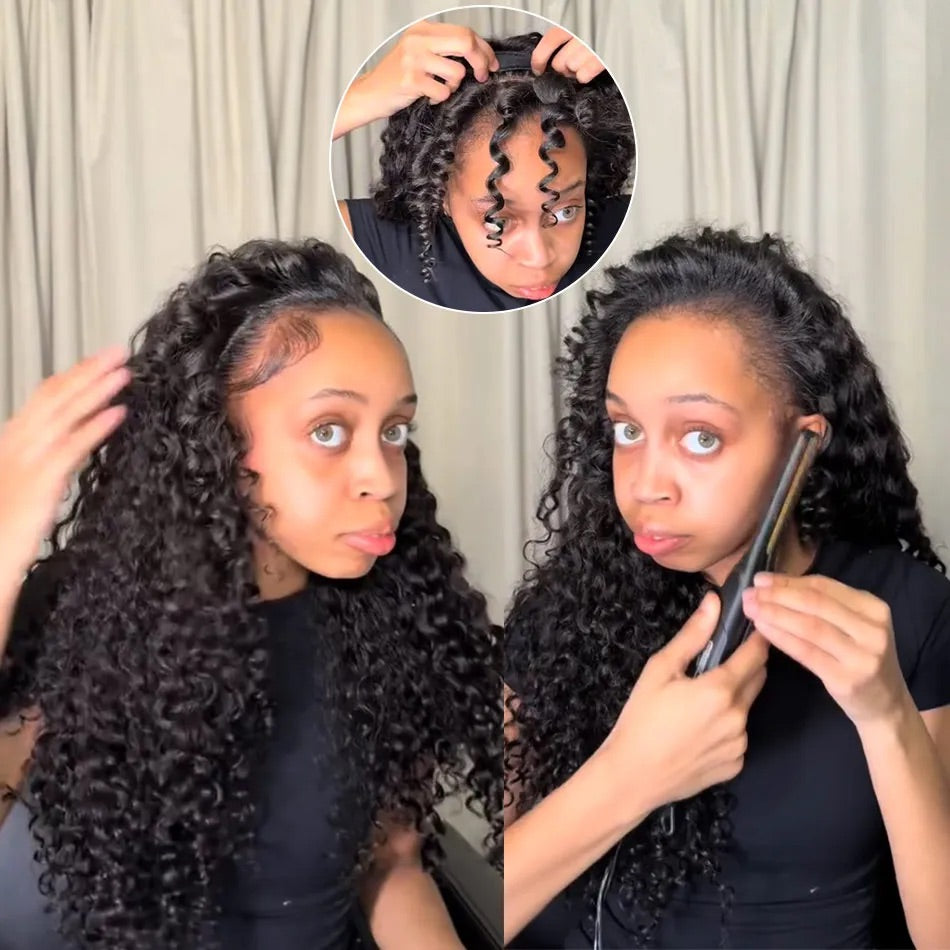 【3 IN 1 HALF WIG】Burmese Curly GLUELESS Invisible Half Wig For Blackwomen Clip In Protective Styles Human Hair