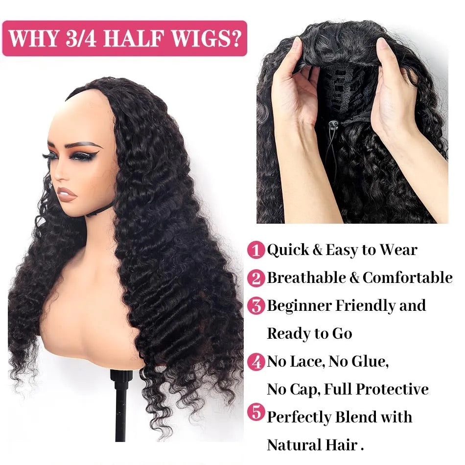 【3 IN 1 HALF WIG】Burmese Curly GLUELESS Invisible Half Wig For Blackwomen Clip In Protective Styles Human Hair