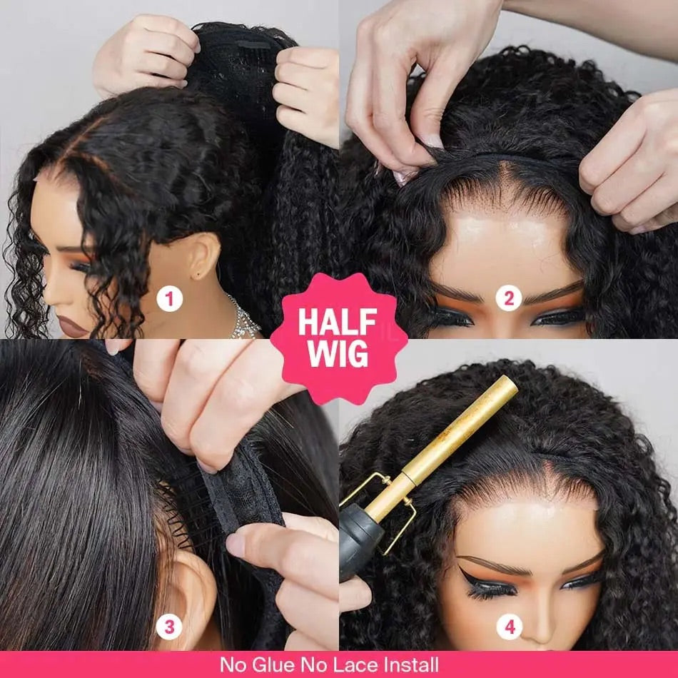 【3 IN 1 HALF WIG】Burmese Curly GLUELESS Invisible Half Wig For Blackwomen Clip In Protective Styles Human Hair