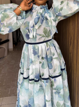 Lantern Sleeve Lace-Up Printed Dress