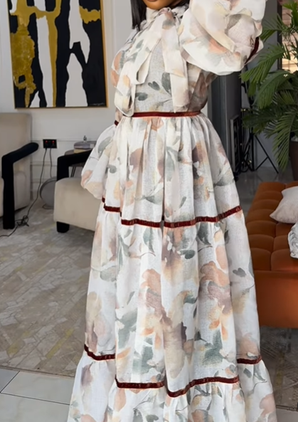 Lantern Sleeve Lace-Up Printed Dress