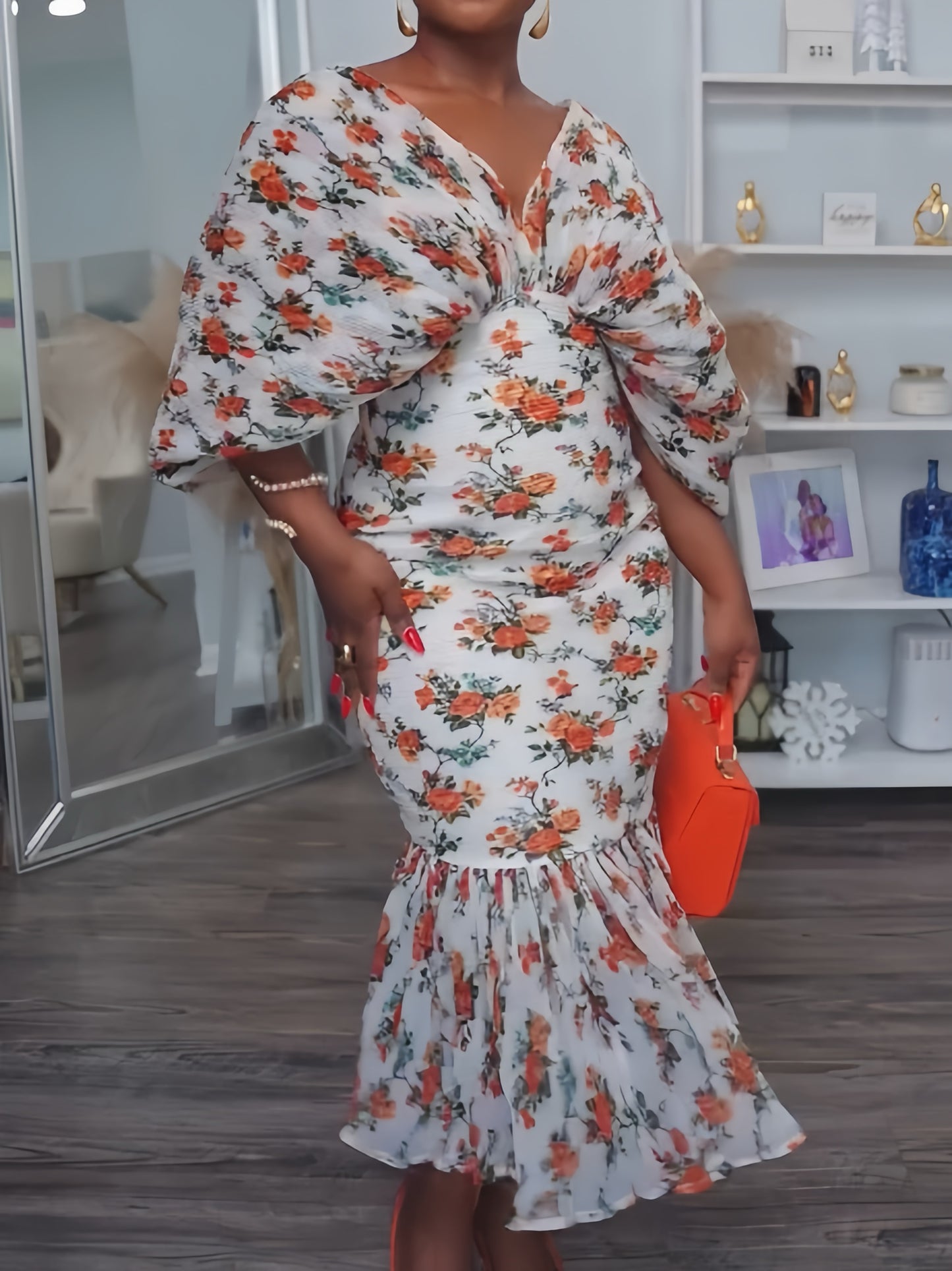 Elegant Pleated Sleeve Printed Maxi Dress