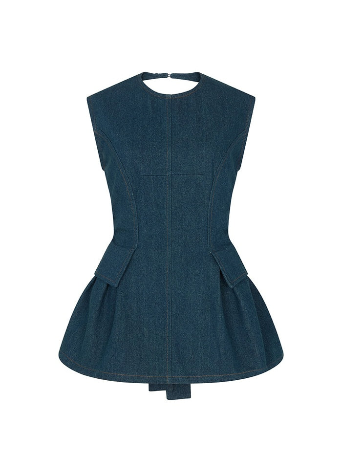 Backless Denim Peplum Two Pieces Set
