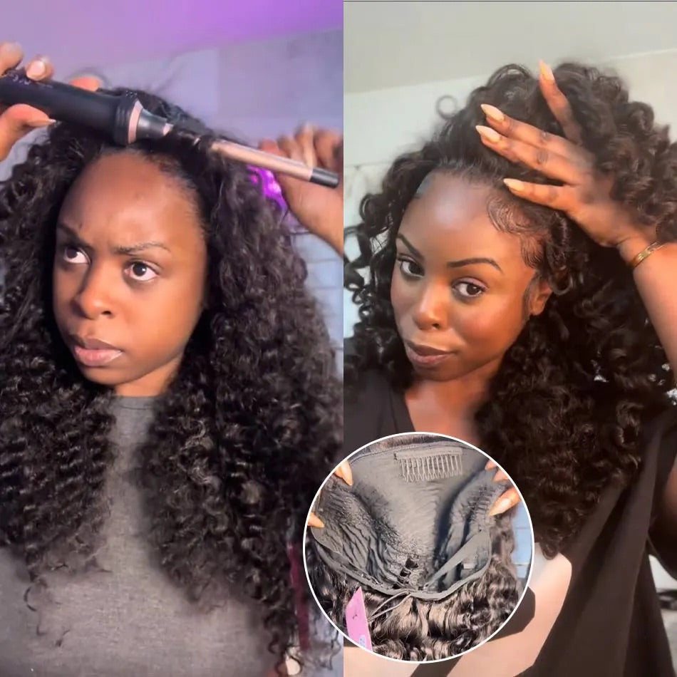 【3 IN 1 HALF WIG】Burmese Curly GLUELESS Invisible Half Wig For Blackwomen Clip In Protective Styles Human Hair