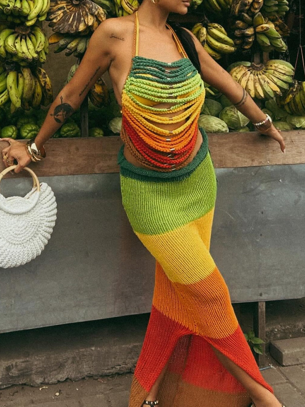 Color Block Stripe Crochet Beach Maxi Dress
