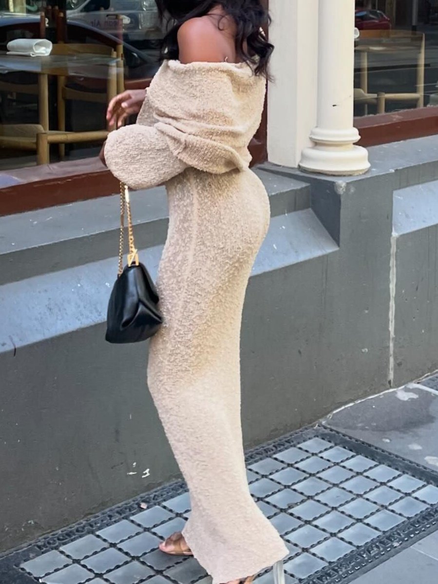 Wheat Knit Off Shoulder Maxi Dress