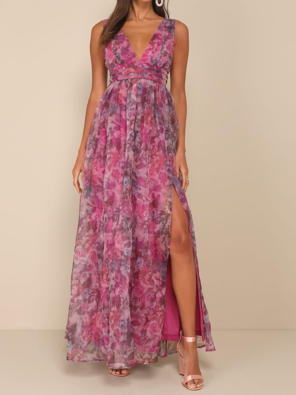 Romance Floral Print Organza Maxi Dress
